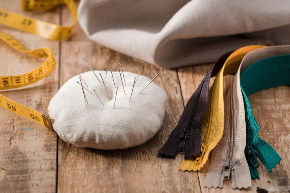How To Sew A Cosmetic Bag? 5 Effortless Steps! 4 high angle measuring tape with sewing needles zippers