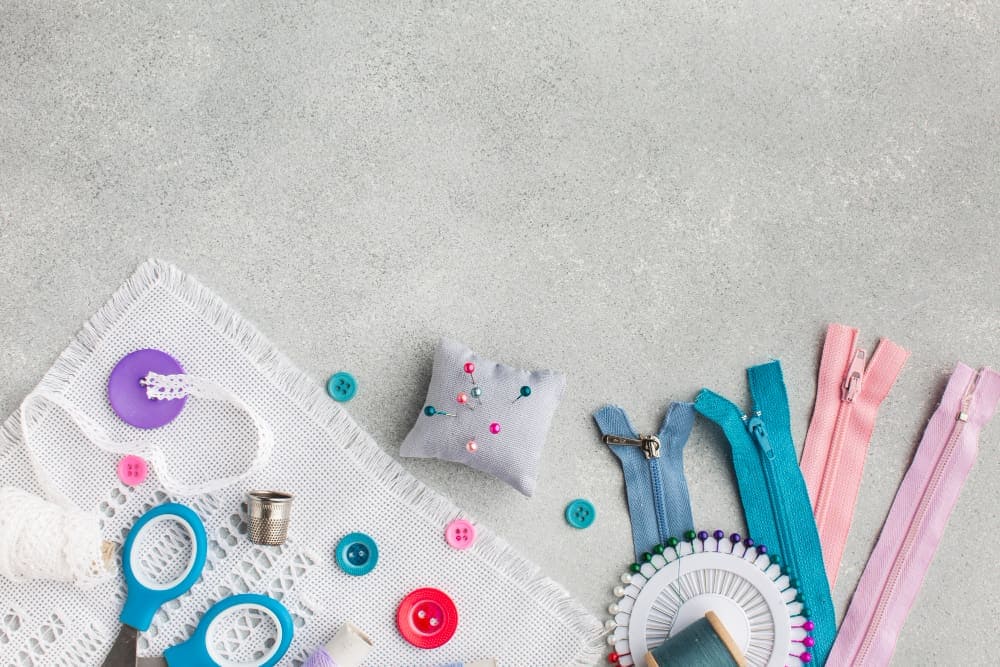 Demystifying What is Sewing Notions For Beginner 2 various haberdashery colourful accessories with copy space